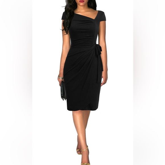 Amazon Liyinxi Retro 1950s Cap Sleeve Knee-Length Sheath Slim Midi Black dress s - Picture 1 of 11